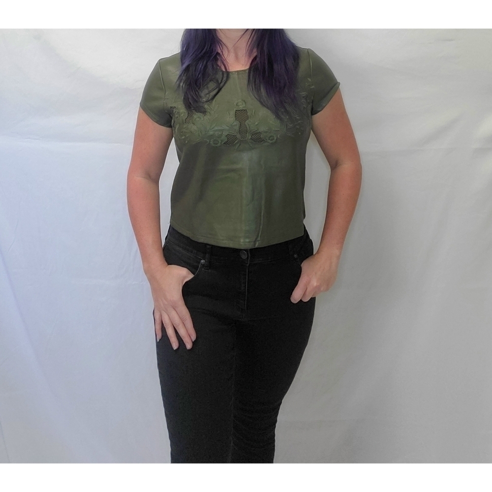 Romeo & Juliet Couture Olive Embroidered Mesh Detail Faux Leather Cropped Shirt